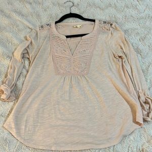 Anthropologie Meadow Rue Peach  Color Roll Up Sleeve Lace Top Size  Small